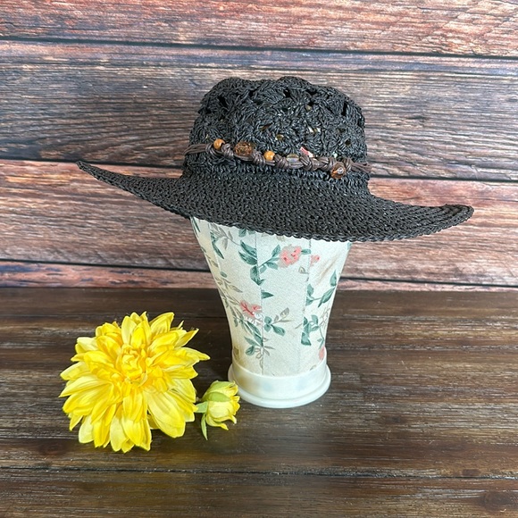 Scala Women’s Black Handmade Paper Hat with Brown Beaded Band! - Picture 1 of 7